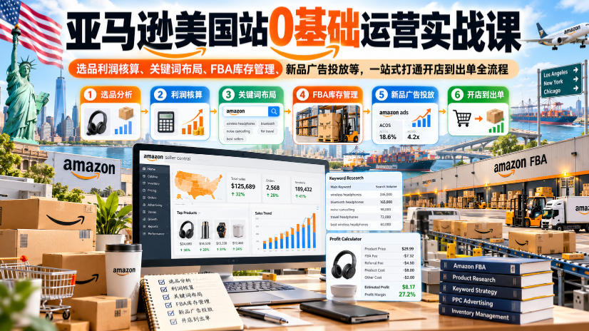 亚马逊美国站0基础运营实战课｜选品利润核算、关键词布局、FBA库存管理、新品广告投放等，一站式打通开店到出单全流程-蜗牛学社